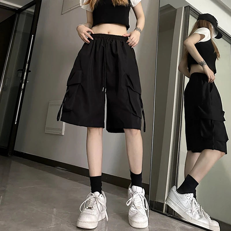 Women High Waist Cargo Shorts, American Style Streetwear, Summer Wide Leg Pants, Fashion Female Big Pocket Loose Shorts New, ZOKI