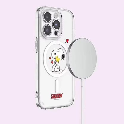 S-Snoopy Wireless Charging Case for iPhone 17 Air 16 E 15 14 13 12 Mini 11 Pro Max Transparent Acrylic Silicone Edge Hard Cover