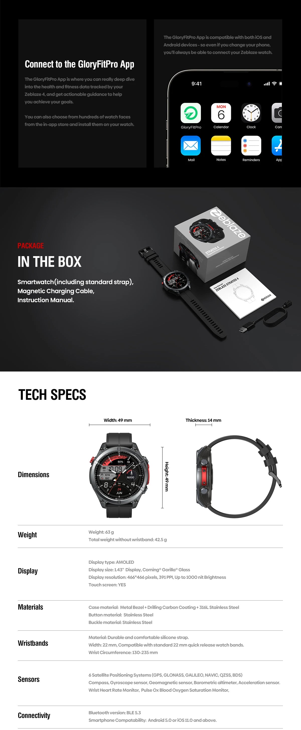 NEW Zeblaze Stratos 4 GPS Smartwatch, 1.43" AMOLED Screen Compass Barometric Altimeter Flashlight Voice Calling Smart Watch
