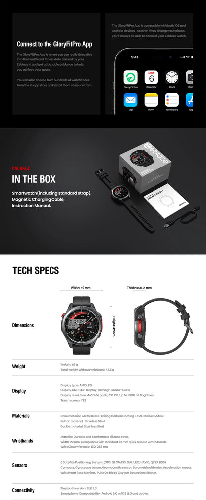 NEW Zeblaze Stratos 4 GPS Smartwatch, 1.43" AMOLED Screen Compass Barometric Altimeter Flashlight Voice Calling Smart Watch