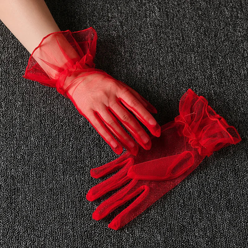 Retro Spring Summer Women Short Tulle Gloves White Black Wedding Gloves Stretchy Lace Full Finger Mittens Mesh Translucent Glove
