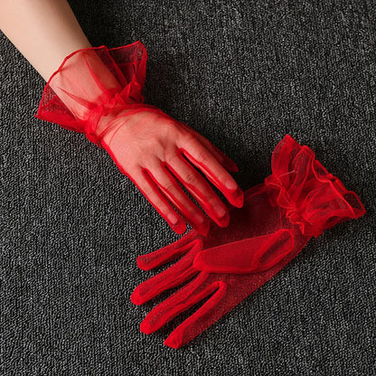 Retro Spring Summer Women Short Tulle Gloves White Black Wedding Gloves Stretchy Lace Full Finger Mittens Mesh Translucent Glove