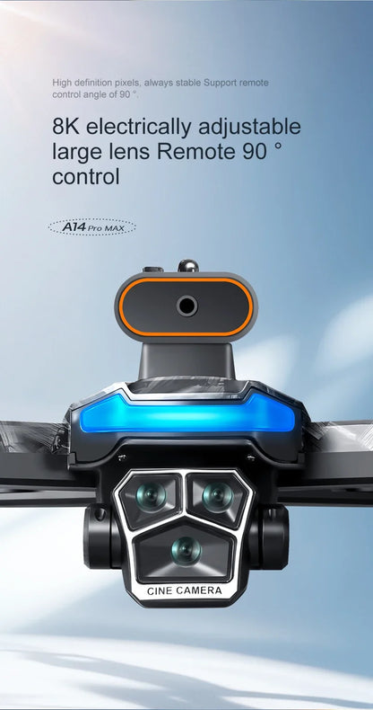 Drone A14Pro Max 8K HD Three Camera Brushless Optical Flow Obstacle Avoidance Foldable Quadcopter UAV 4.5-inch Large Screen Toys