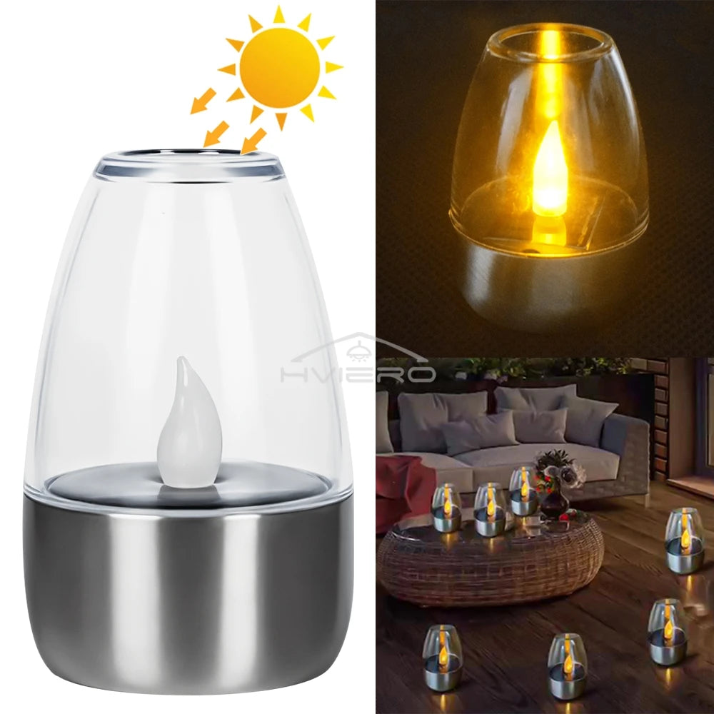 Solar Light LED Stainless Steel Candle, Outdoor Courtyard Decorative Atmosphere Night Lights Halloween Candlelight, Dinner Lamping