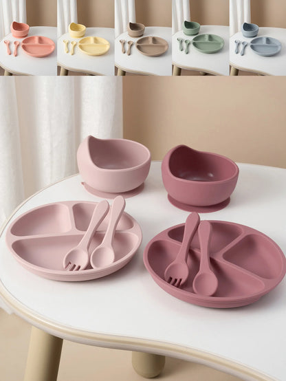 4PCS Baby Silicone Feeding Set Suction Dishes Plate Spoon Fork BPA Free Sucker Bowl Toddler Training Tableware Essentials