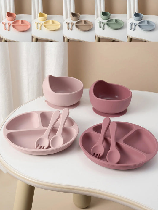 4PCS Baby Silicone Feeding Set Suction Dishes Plate Spoon Fork BPA Free Sucker Bowl Toddler Training Tableware Essentials