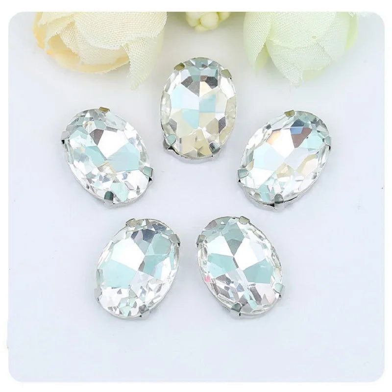 Glass Rhinestones, Oval Shape Diamond With Claw Sew On Strass Metal Base, Buckle Crystal Stone Beads For Clothes