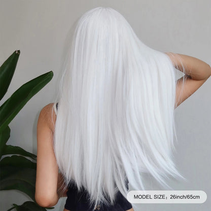 White Long Straight Synthetic Wigs for Women, Colorful Cosplay Party Fake Hair with Bangs, White Wig, HighTemperature Fiber, HENRY MARGU