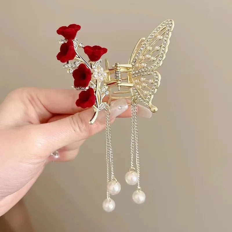 Glitter Shark Grip Clips Korean Style Sweet Romantic Hair Claws Butterfly Shape Girls Pearl Tassel Metal Jewelry Hair Accessory