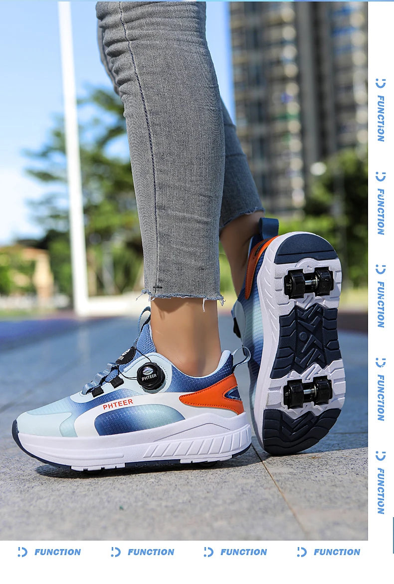 Kids Two Wheels Roller Skating Shoes With Light Magic Stick Walking Shoes Detachable Wheels Roller Skate Shoes For Teenagers