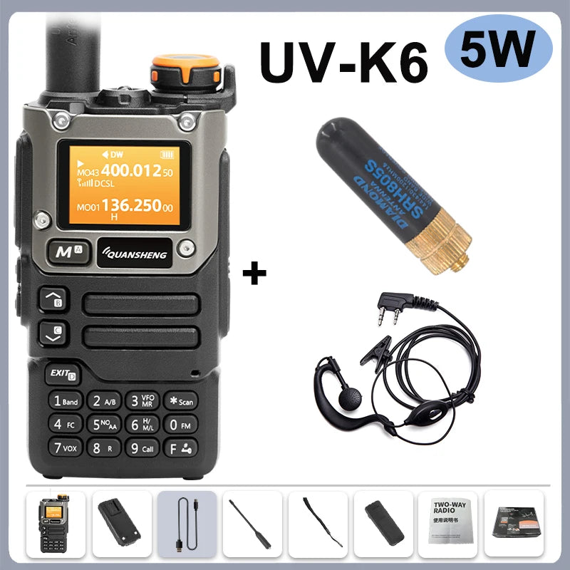 Quansheng UV-K6 Walkie Talkie 5W Radio de banda aérea Carga tipo C UHF VHF DTMF FM Scrambler NOAA Frecuencia inalámbrica Radio CB de dos vías