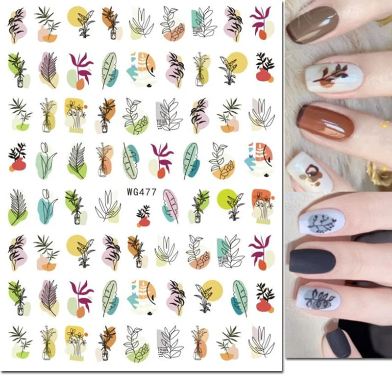 3d Nail Art Decals Tropical Palm Leaves Flowers Laces Faces Adhesive Sliders Nail Stickers Decoration For Nail Manicure