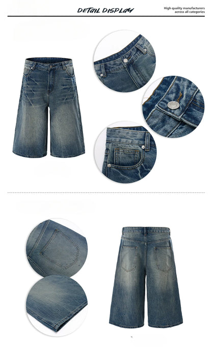 American Lightning Crack Black Grey Jeans, Men's Straight Tube Loose Wide Leg Shorts, Y2k Street Hip Hop Sevens