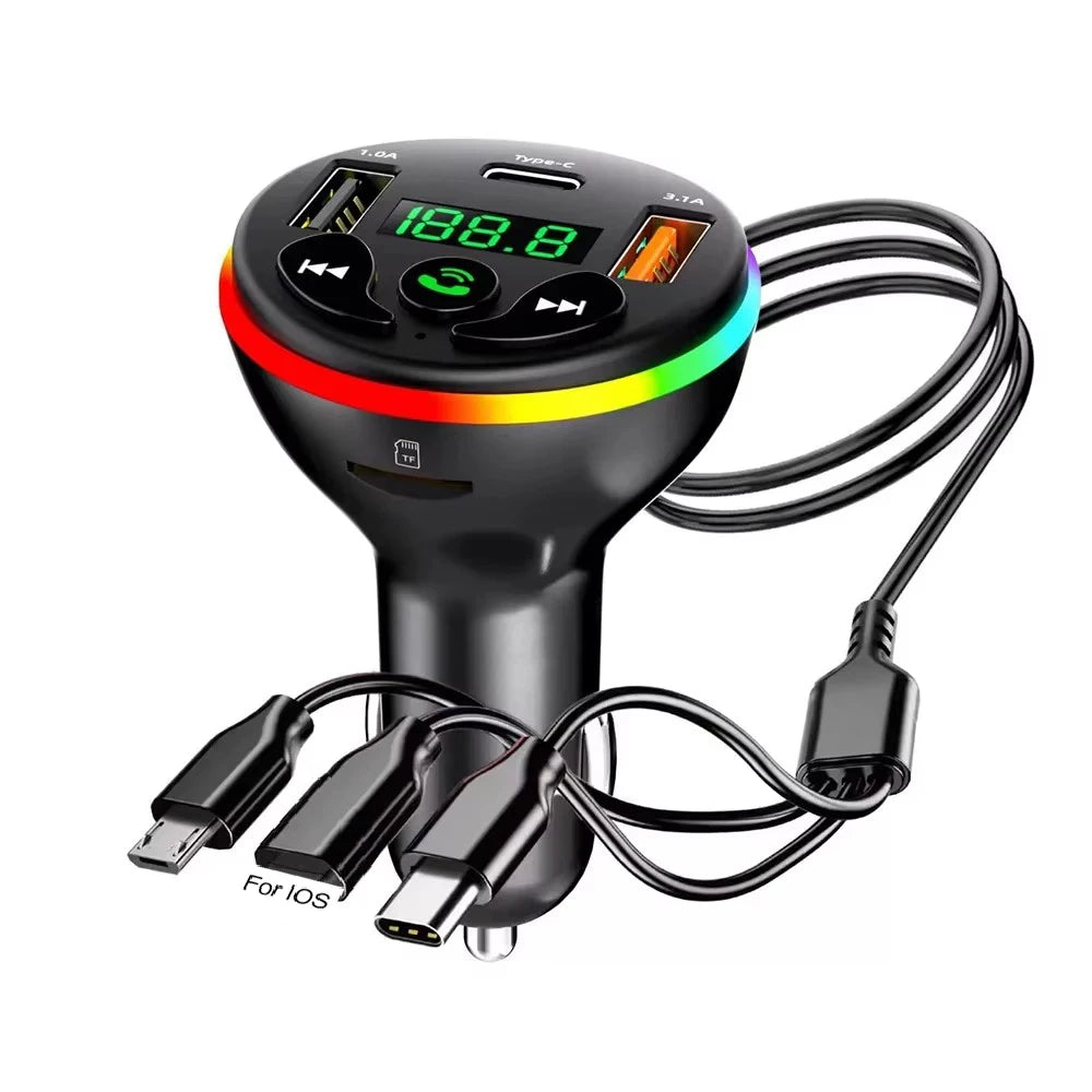 Car Bluetooth 5.0 FM Transmitter MP3 Modulator Player Handsfree Audio Receiver With 3 in 1 Charge Cable for IPhone Huawei Xiaomi
