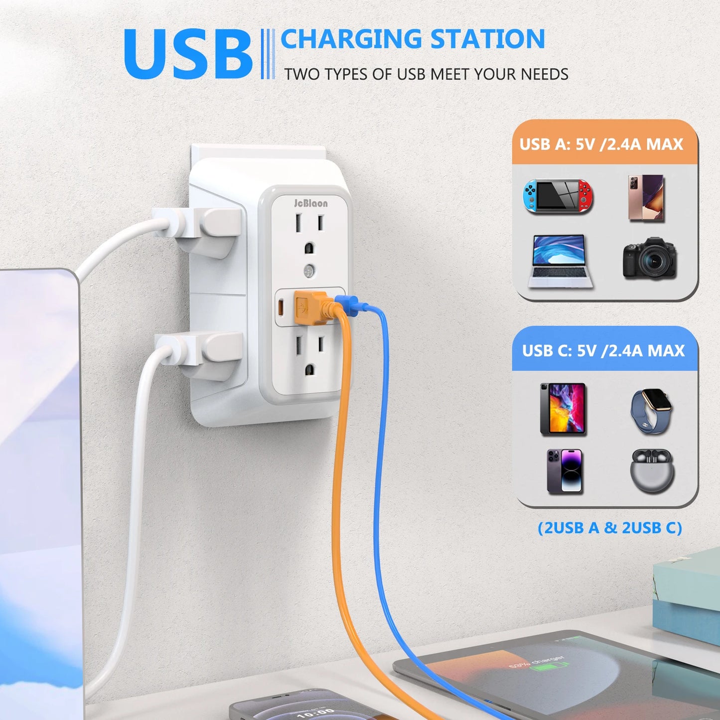 US Multi Socket, Wall Socket with 6 AC Outlets, 4 USB Port(2 Type C), Universal Plug, Power Strip, Network Filter, Fast Charging