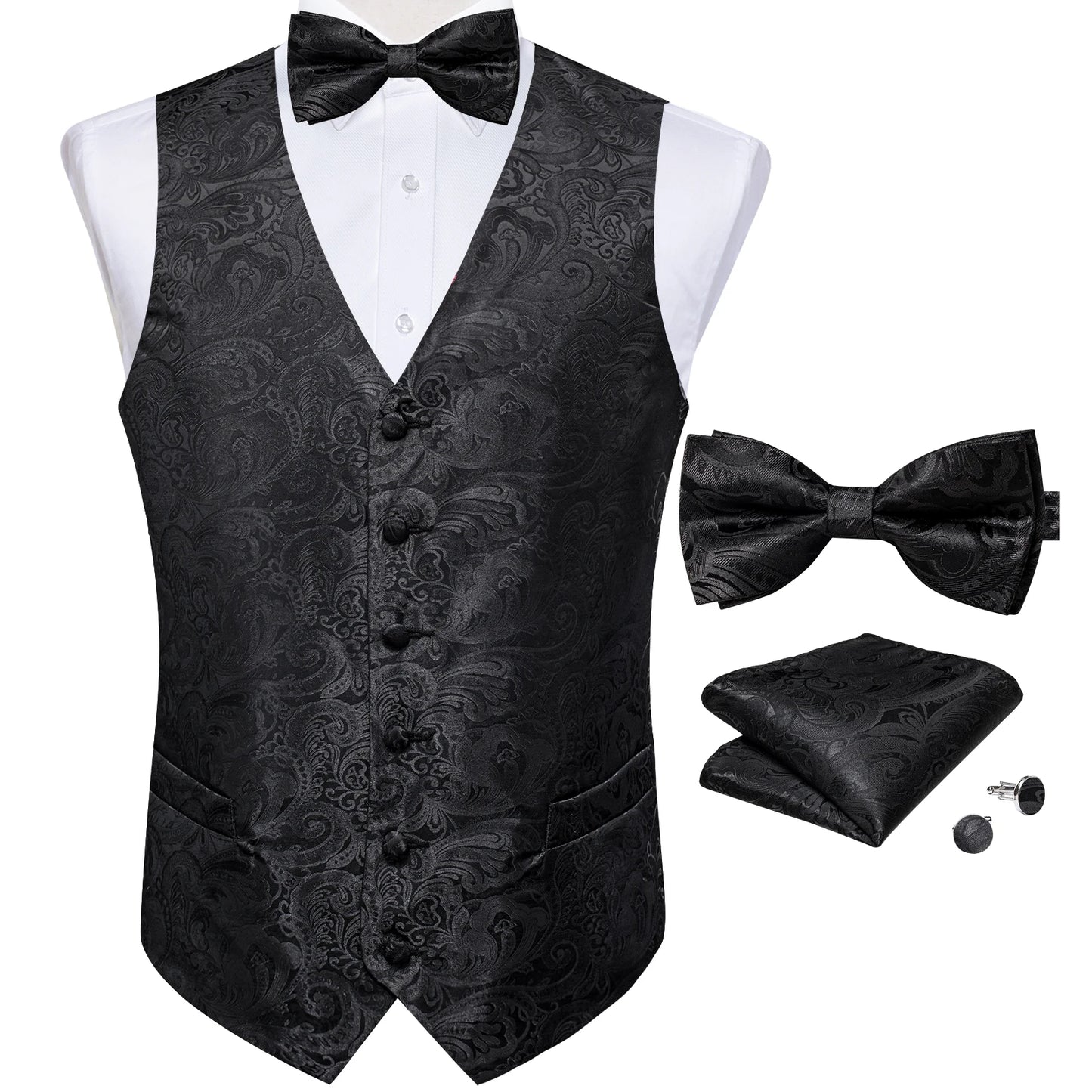 Suit Vest With Bow Tie Pocket Square Cufflinks Light Blue Black Red Paisley Luxury Wedding Prom Tuxedo Waistcoat for Men