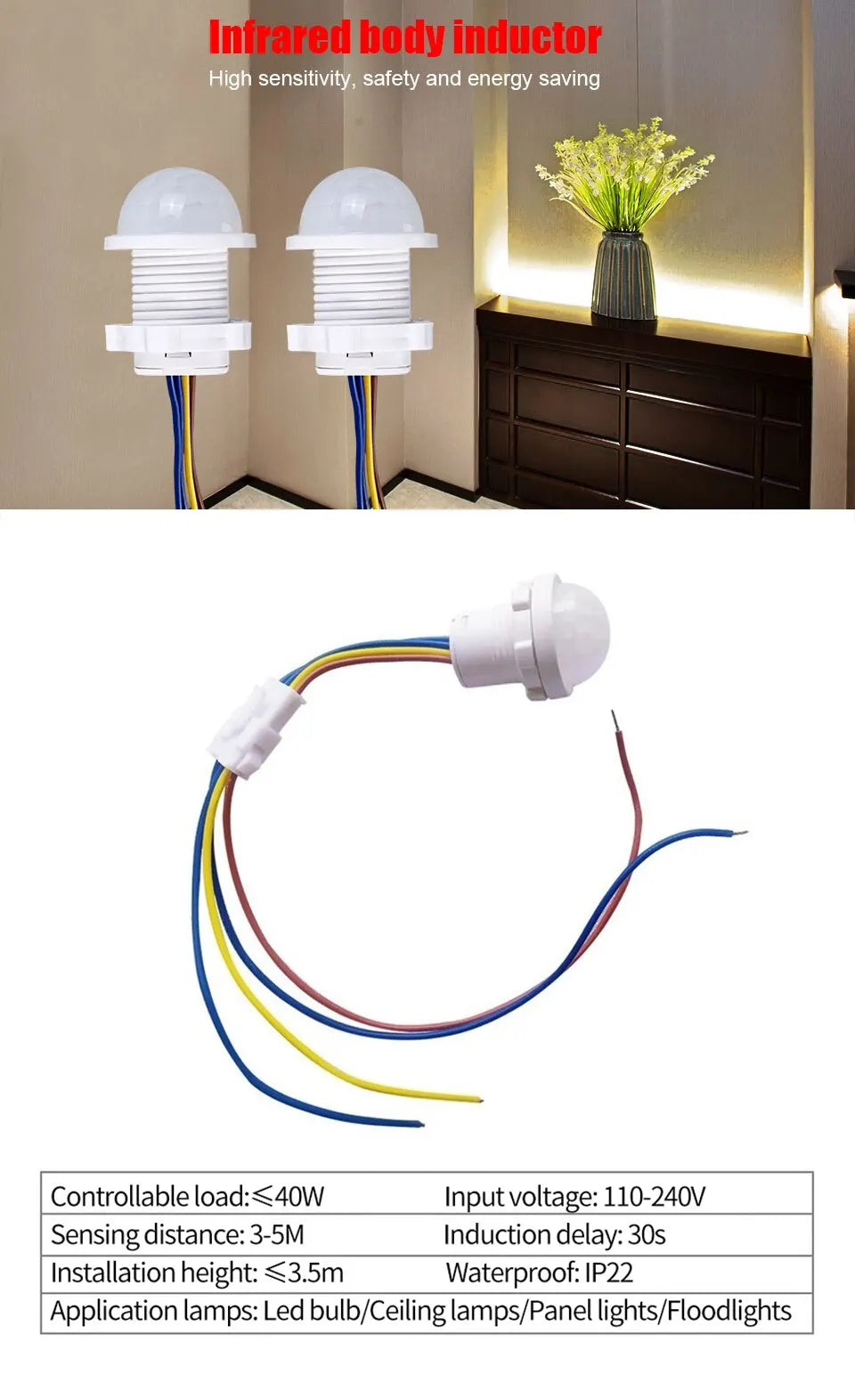Smart PIR Sensor Detector Switch 110V 220V Human Body Infrared Auto On Off Light For LED Lamp Ceiling Light Panel Lights