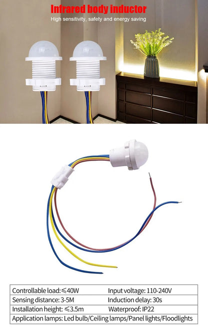 Smart PIR Sensor Detector Switch 110V 220V Human Body Infrared Auto On Off Light For LED Lamp Ceiling Light Panel Lights