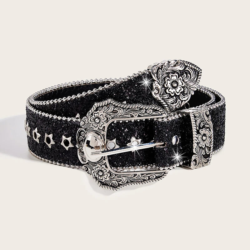 Personality Gothic Rhinestone Belts For Women Girl, Fashion PU Leather Belts, Western Cowboy Y2K Retro Jeans Skirt Decor Waistband