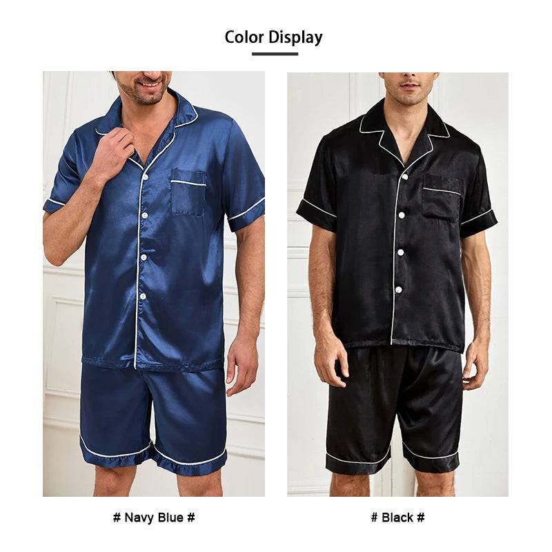 Men Satin Short Sleeve Pajama Set, Summer Sleepwear for Man, Button-Down Shirt & Elastic Waist Shorts, Pajamas Home Clothes, 2Piece