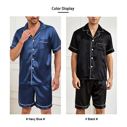 Men Satin Short Sleeve Pajama Set, Summer Sleepwear for Man, Button-Down Shirt & Elastic Waist Shorts, Pajamas Home Clothes, 2Piece