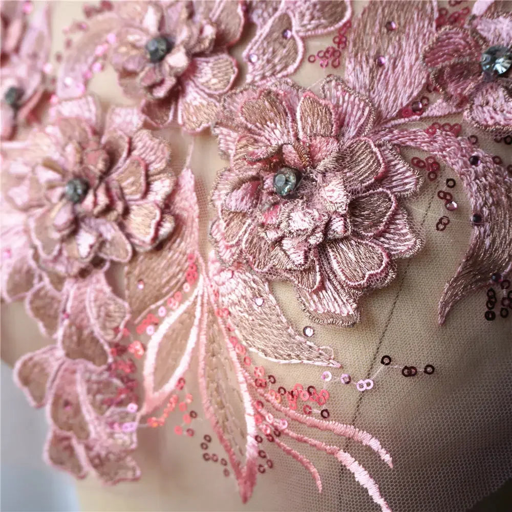 Grey Blue Red 3D Flower Leaf Lace Fabric Sequin Rhinestone Embroidered Gown Appliques Collar Mesh Sew Patch For Wedding Decor