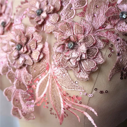 Grey Blue Red 3D Flower Leaf Lace Fabric Sequin Rhinestone Embroidered Gown Appliques Collar Mesh Sew Patch For Wedding Decor