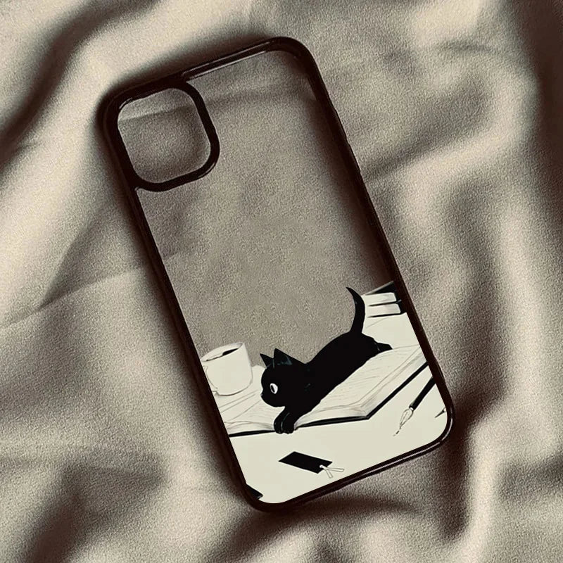 Cute Black Cat Pattern Hard Clear Phone Case For iPhone 15 16 17 Pro Max 16 Plus 17 Air 16E 14 13 12 11 Pro MINI Anti-fall Cover