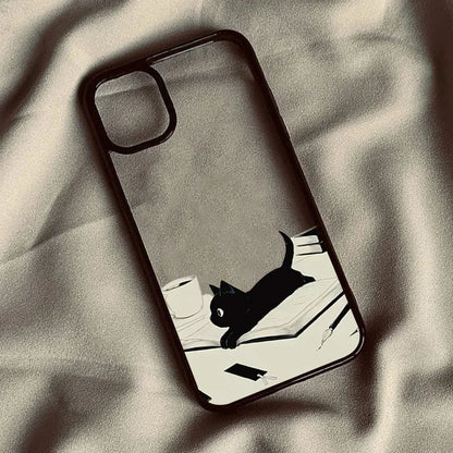 Cute Black Cat Pattern Hard Clear Phone Case For iPhone 15 16 17 Pro Max 16 Plus 17 Air 16E 14 13 12 11 Pro MINI Anti-fall Cover