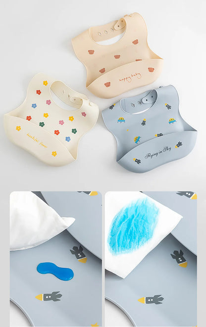 Baberos impermeables para niños, alimentación de bebés, cosas para comer, silicona suave, estampado de dibujos animados de animales, baberos ajustables para probar y alimentar al bebé