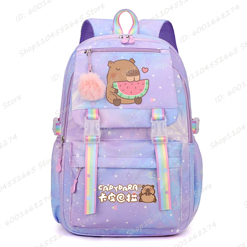 Capybara & Watermelon Graphic Print Schoolbags, Cute Cartoon Children Backpack, Girls Boys School Backpack, Capybara Lovers Bags