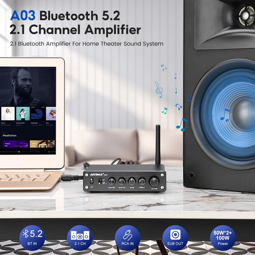 AIYIMA A03 TPA3116 Subwoofer Bluetooth Amplifier HiFi TPA3116D2 2.1 Digital Audio Power Amplifiers 50Wx2+100W Sound Amplifier