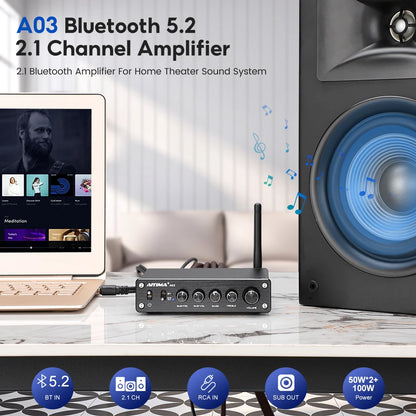 AIYIMA A03 TPA3116 Subwoofer Bluetooth Amplifier HiFi TPA3116D2 2.1 Digital Audio Power Amplifiers 50Wx2+100W Sound Amplifier