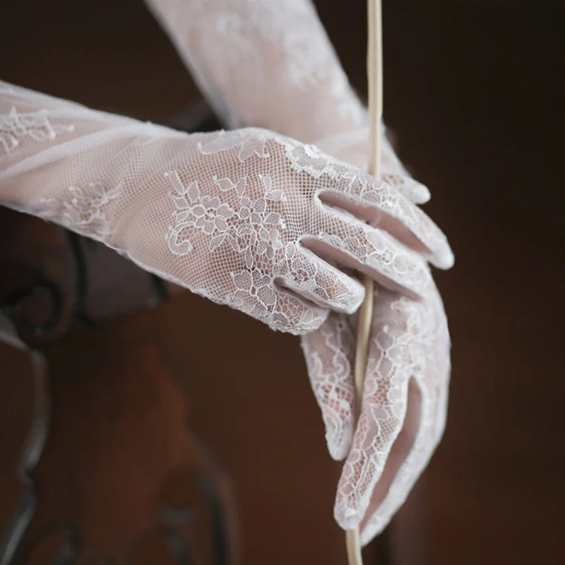 Women Sexy Thin Lace Flower White Black Long Gloves Transparent Mesh Eyelash Tulle Bridal Wedding Party Dress Accessories