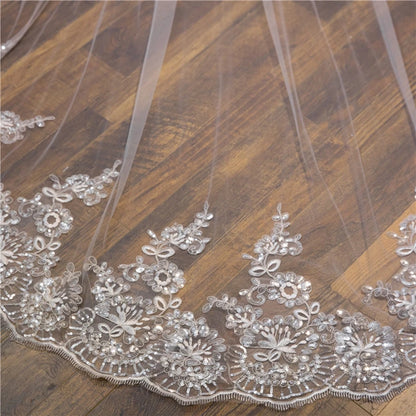 Wedding Veil Lace Edge Long Luxurious Bridal Veil, Applique Sequins White/Ivory Veil With Comb, Cathedral One-Layer 3M/4M/5M
