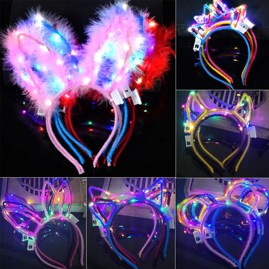 10/20/30 pcs LED Glow Cat Bunny Ear Horn Hairbands Light Up Flash Headband Women Girl LED Neon Birthday Wedding Party Supplies