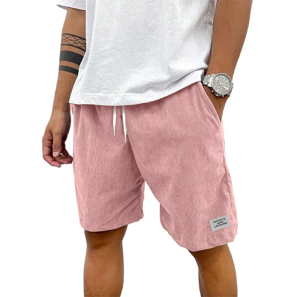 Summer Men's Solid Corduroy Shorts with Drawstring Casual Elastic Waist Fit for Outdoor Daily Activities Streetwear