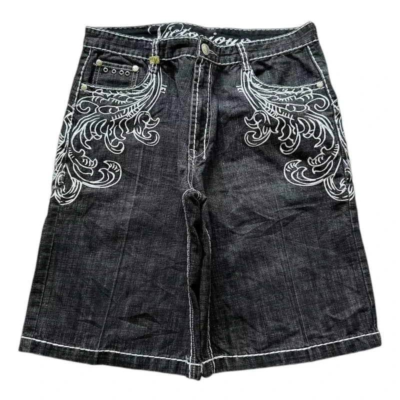 American Vintage Popular New Pattern Embroidery Baggy Denim Shorts Men Street Fashion Gothic Casual Joker Shorts Women Clothing