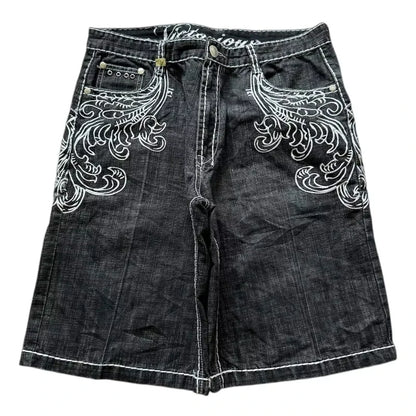 American Vintage Popular New Pattern Embroidery Baggy Denim Shorts Men Street Fashion Gothic Casual Joker Shorts Women Clothing