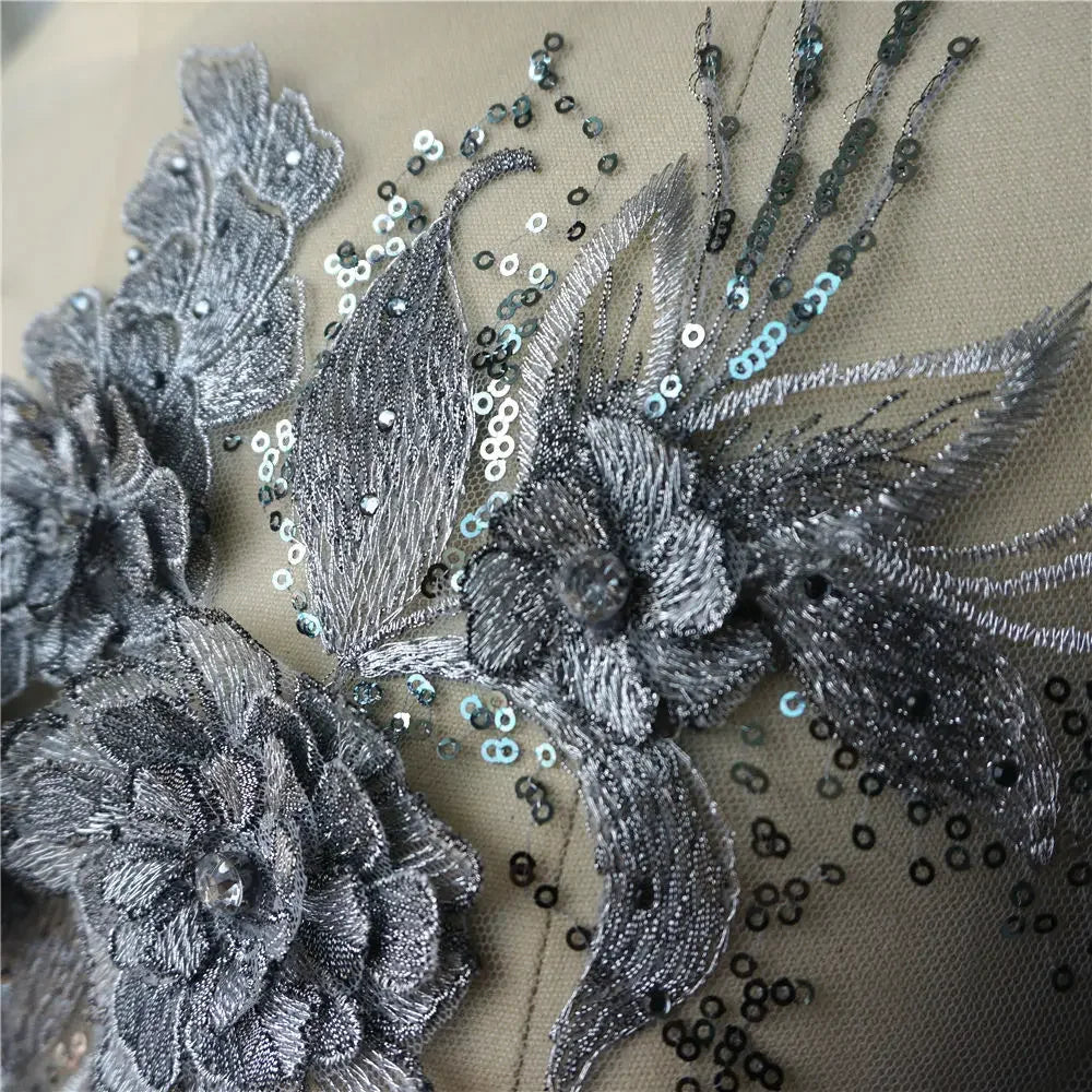 Grey Blue Red 3D Flower Leaf Lace Fabric Sequin Rhinestone Embroidered Gown Appliques Collar Mesh Sew Patch For Wedding Decor