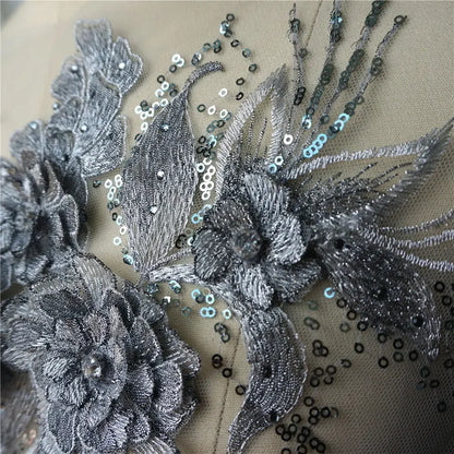 Grey Blue Red 3D Flower Leaf Lace Fabric Sequin Rhinestone Embroidered Gown Appliques Collar Mesh Sew Patch For Wedding Decor