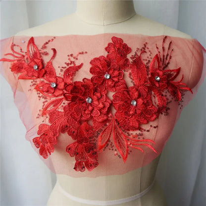 Grey Blue Red 3D Flower Leaf Lace Fabric Sequin Rhinestone Embroidered Gown Appliques Collar Mesh Sew Patch For Wedding Decor