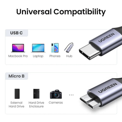 USB C to Micro B 3.0 Cable, 5Gbps 3A, Fast Data Sync Cord For Macbook Hard Drive Disk HDD, SSD Case USB Type C Micro B Cable ,UGREEN