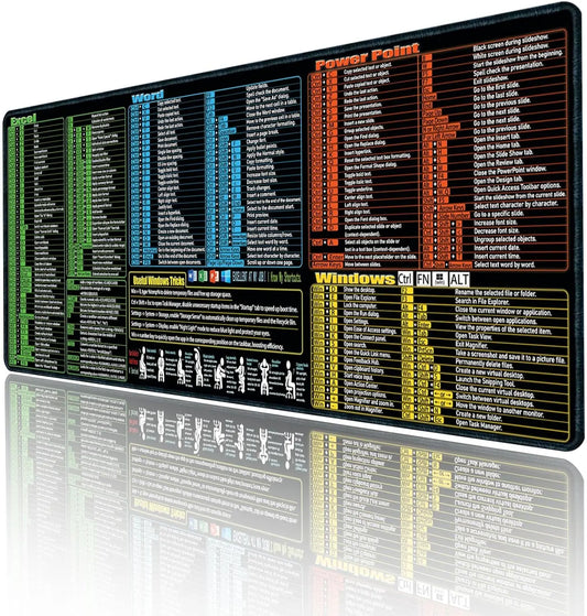 Excel/Word/Power Point/Windows Mouse Pad, Non-Slip Large Gaming Office PC Desk Mat with Over 200 Keyboard Shortcuts Mousepad