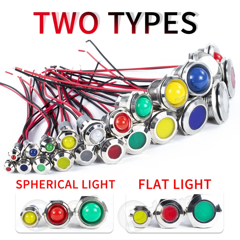 1Pcs 6/8/10/12/16/19/22mm Spherical Metal LED Warning Indicator Light Signal Lamp Pilot Wire 3-6 12-24 220V Power Waterproof IP65