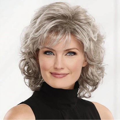 Women Synthetic Hair Wigs, Short Curly with Bangs, Shoulder Length  Blonde Grey White Brown Wig, HAIRJOY