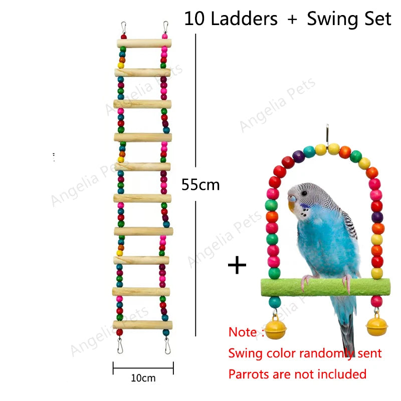 Natural Wood Birds Pets Parrots Ladders Climbing Toy Hanging Colorful Balls Parrot Swing Toys for Conures Parakeets Cockatiels