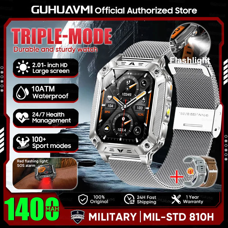 2026 New Military 1400mAh Battery Smart Watch LED Flashlight 10ATM Waterproof Heart Rate Voice Call Men 120+Sports Smart watchs