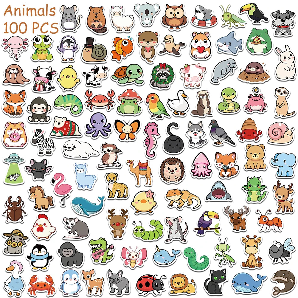 100/200pcs Cartoon Cute Animals Stickers Decals For Laptop Scrapbook Refrigerator Skateboard Helmet DIY Aesthetic Stickers