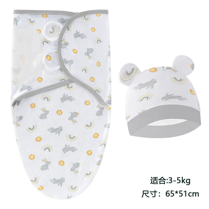 Baby Blanket Hat Set, Cartoon Printed Cotton Newborn Swaddle, Adjustable Infant Sleeping Swaddle Wraps, All Seasons, 0-6 Months